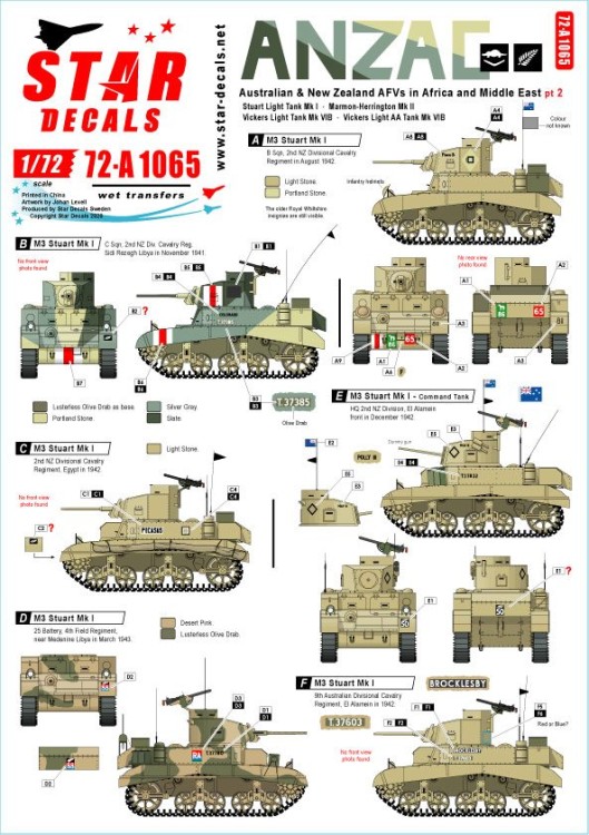 Star Decals 72-A1065 ANZAC # 2 New Zealand and Australian tanks and AFVs in Africa and Middle East WW2 1/72
