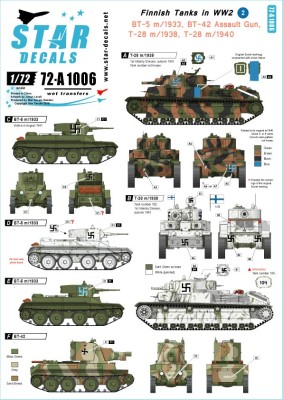 Star Decals 72-A1006 Finnish Tanks in WWII #2. T-28, BT-5 and BT-42 Assault Gun [Soviet] 1/72