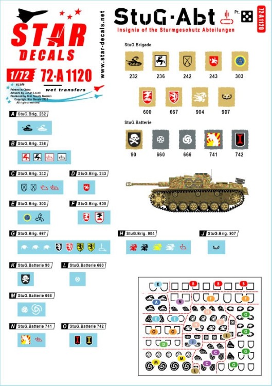 Star Decals 72-A1120 Sturmgeschutz/StuG-Abt #5Generic insignia and unit markings for the SturmgeschГѓВ»tz units.Sturmgeschutz/StuG-Brig 232, Sturmgeschutz/StuG-Brig 236, Sturmgeschutz/StuG-Brig 242, Sturmgeschutz/StuG-Brig 243, Sturmgeschutz/StuG-Brig 303