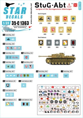 Star Decals 35-C1363 Sturmgeschutz/StuG-Abt #5Generic insignia and unit markings for the SturmgeschГѓВ»tz units.Sturmgeschutz/StuG-Brig 232, Sturmgeschutz/StuG-Brig 236, Sturmgeschutz/StuG-Brig 242, Sturmgeschutz/StuG-Brig 243,Sturmgeschutz/StuG-Brig 303,
