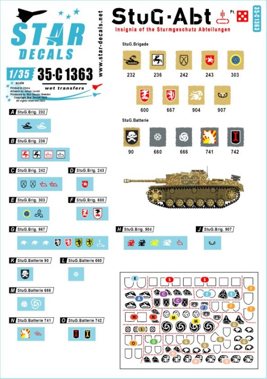 Star Decals 35-C1363 Sturmgeschutz/StuG-Abt #5Generic insignia and unit markings for the SturmgeschГѓВ»tz units.Sturmgeschutz/StuG-Brig 232, Sturmgeschutz/StuG-Brig 236, Sturmgeschutz/StuG-Brig 242, Sturmgeschutz/StuG-Brig 243,Sturmgeschutz/StuG-Brig 303,