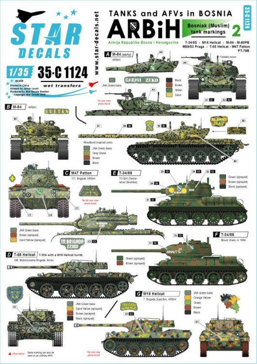 Star Decals 35-C1124 ARBiH (Muslim). Soviet T-34/85, M18 Hellcat, T-55/Hellcat, M-84, M-60PB, M53/59 Praga, PT-76B, M47 Patton.Tanks & AFVs in Bosnia # 2 1/35