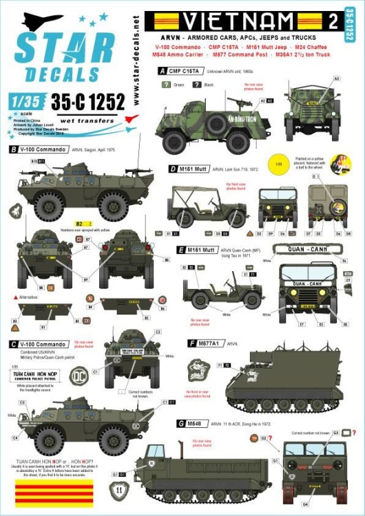 Star Decals 35-C1252 Vietnam 2.V-100 Commando, CMP C15TA, 4WD M151 Mutt, M548 ammo carrier, M577 command post, M35A1 truck and M24 Chaffee in South Vietnamese army, ARVN - Army of the Republic of Vietnam 1/35