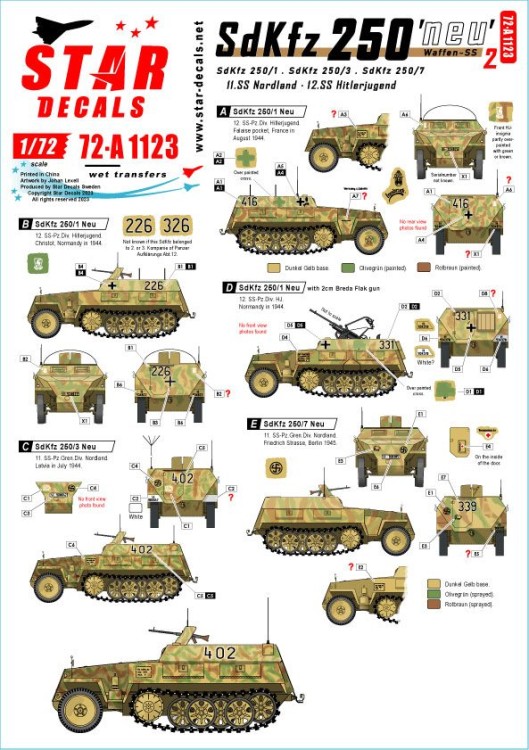 Star Decals 72-A1123 Sd.Kfz.250 'neu' # 2Sd.Kfz.250/1, Sd.Kfz.250/3 and Sd.Kfz.250/7 - Waffen-SS markings.11.SS-Nordland, 12.SS-Hitlerjugend 1/72