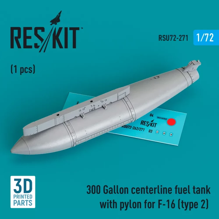 Reskit RSU72271 300 Gal.centerl.fuel tank w/ pyl. F-16 type 2 1/72