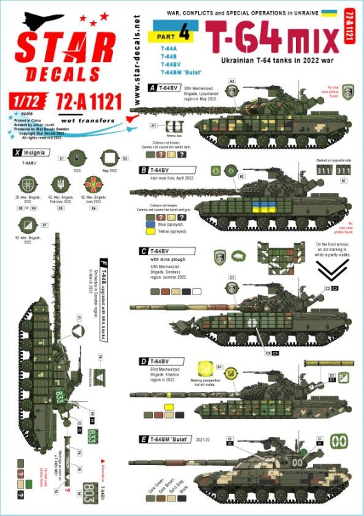 Star Decals 72-A1121 War in Ukraine # 4 Ukrainian T-64 mix in 2022 war T-64A, T-64B, T-64BV and T-64BM 'Bulat' 1/72