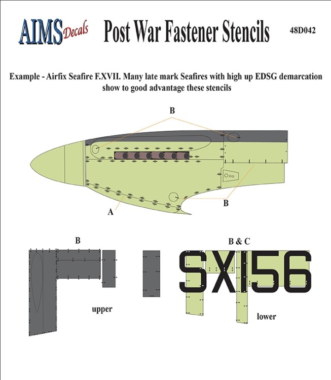Aims AIMS48D042 Post War Fastener stencils - perfect for Supermarine Seafire F.XVIIs and other subjects 1/48