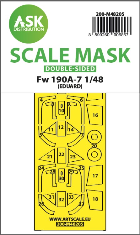 Art Scale 200-M48205 Focke-Wulf Fw-190A-7 wheels and canopy frame paint mask (inside and outside) 1/48