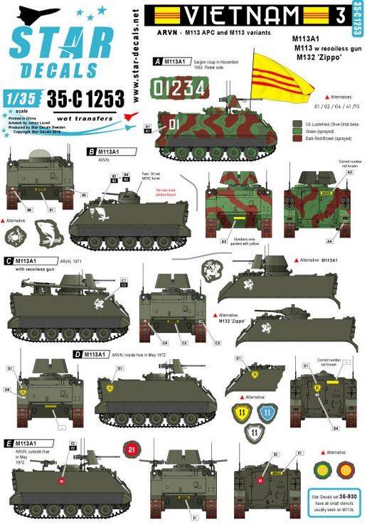 Star Decals 35-C1253 Vietnam 3.M113A1, M113 w recoilless gun, M132 Zippo in South Vietnamese army, ARVN - Army of the Republic of Vietnam 1/35