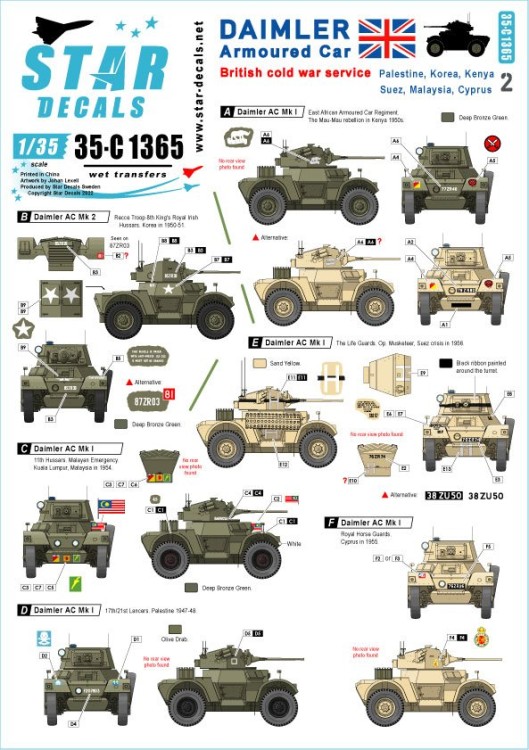 Star Decals 35-C1365 Daimler Armoured Car #2British cold war service.Palestine, Korean War, Kenya (Mau Mau Rebellion), Suez Crisis 1956, Malaya/Malaysia and Cyprus 1/35