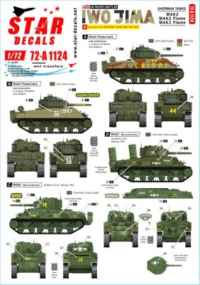 Star Decals 72-A1124 US PACIFIC WARS - IWO JIMAUSMC Sherman tanks.M4A2(mid), M4A2 Flame tank and M4A3 Flame tankfrom 3rd and 4th Marine Tank Battalions 1/72