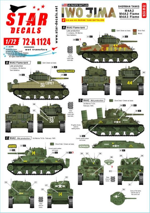 Star Decals 72-A1124 US PACIFIC WARS - IWO JIMAUSMC Sherman tanks.M4A2(mid), M4A2 Flame tank and M4A3 Flame tankfrom 3rd and 4th Marine Tank Battalions 1/72