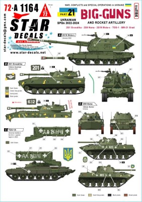Star Decals 72-A1164 War in Ukraine # 21 Ukrainian Big Guns and Rocket Artillery 2S1, 2S9 Nona, 2S19 Msta-s, TOS-1 and BM-21 Grad 1/72