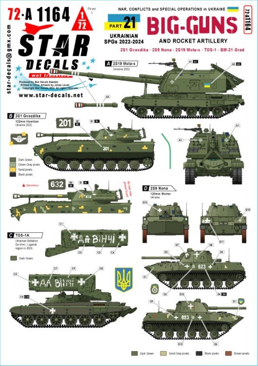 Star Decals 72-A1164 War in Ukraine # 21 Ukrainian Big Guns and Rocket Artillery 2S1, 2S9 Nona, 2S19 Msta-s, TOS-1 and BM-21 Grad 1/72