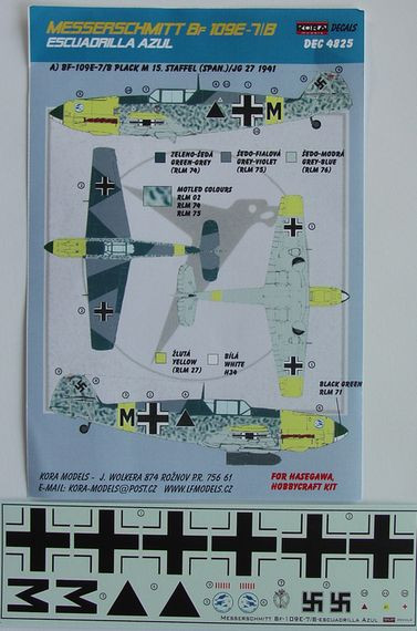 Kora Model DEC4825 Bf-109E-7/B (Escuadrilla Azul) декали 1/48