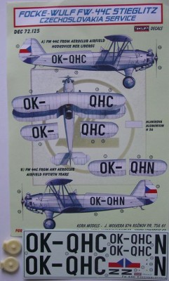 Kora Model DEC72125 FW-44C Stieglitz (Czechoslovakia) декали декали 1/72