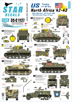 Star Decals 35-C1127 M4A1 Sherman, M7 Priest 105mm HMC, M2 Halftrack with 37mm AT gun.U.S. tanks &amp; AFVs in North Africa 1942-43 1/35