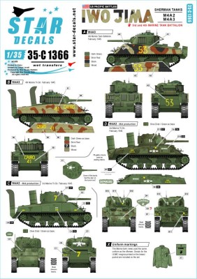 Star Decals 35-C1366 US PACIFIC WARS - IWO JIMA USMC Sherman tanks. M4A2(mid) and M4A3 from 3rd and 4th Marine Tank Battalions 1/35