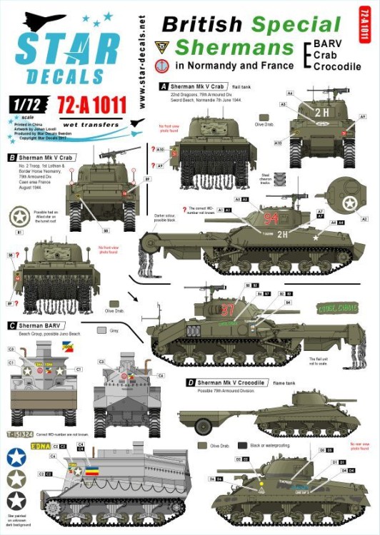 Star Decals 72-A1011 British Special Shermans. BARV, Crab and Crocodile 1/72