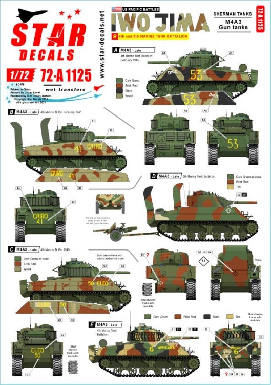 Star Decals 72-A1125 US PACIFIC WARS - IWO JIMAUSMC Sherman tanks.M4A3 tanks from 4th and 5th Marine Tank Battalions 1/72