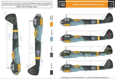 Sbs Model D48009 Декаль Junkers Ju 88 A-4 in Finnish service 1/48