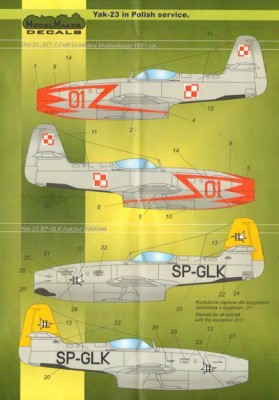 Model Maker Decals D72019 Yakovlev Yak-23 in Polish Service 1/72