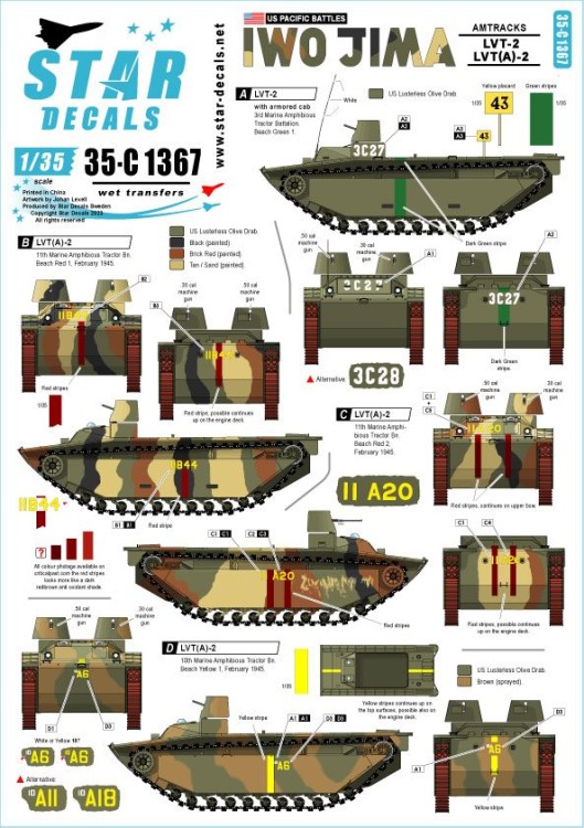 Star Decals 35-C1367 US PACIFIC WARS - IWO JIMAUSMC LVT-2 and LVT(A)-2 Amtracks.3rd Marine Amphibious Tractor Battalion, 5th Marine Amphibious Tractor Battalion, 10th Marine Amphibious Tractor Battalion, 11th Marine Amphibious Tractor Battalion in Februar