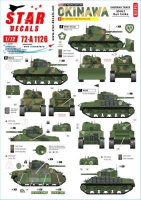Star Decals 72-A1126 US PACIFIC WARS - OKINAWAUSMC Sherman tanks.M4A3 and M4A3 Dozer tanks from 6th Marine Tank Battalion 1/72