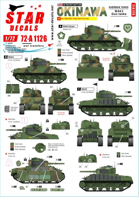 Star Decals 72-A1126 US PACIFIC WARS - OKINAWAUSMC Sherman tanks.M4A3 and M4A3 Dozer tanks from 6th Marine Tank Battalion 1/72