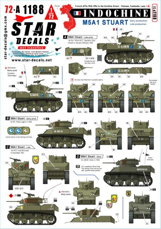 Star Decals 72-A1188 Indochine # 4 French M5A1 Stuart, early and late production turrets 1/72