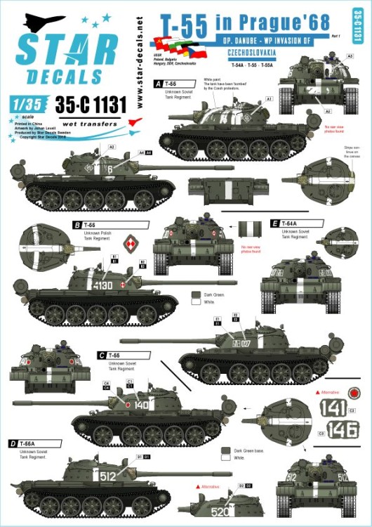Star Decals 35-C1131 Operation Danube, the WP invasion of Czechoslovakia in 1968.Soviet T-54A, T-55 and T-55AT-55 in Prague '68 1/35