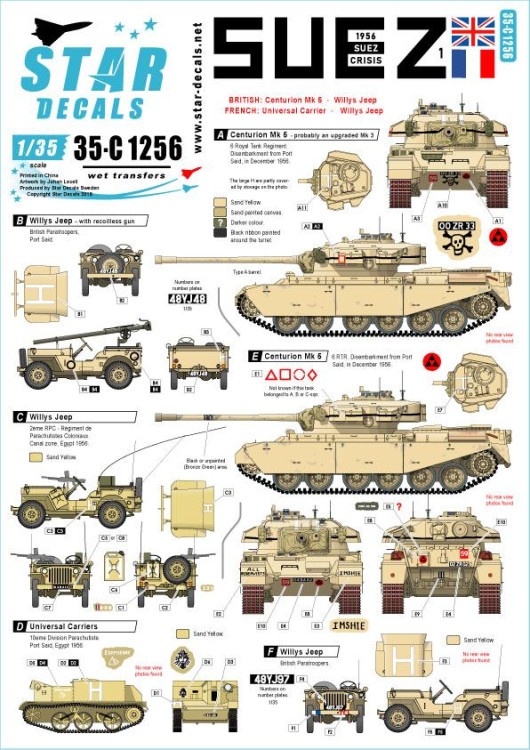 Star Decals 35-C1256 1956 Suez Crisis #1.British and French Tanks and AFVs.Centurion Mk.5, Universal Carrier, Willys Jeep 1/35