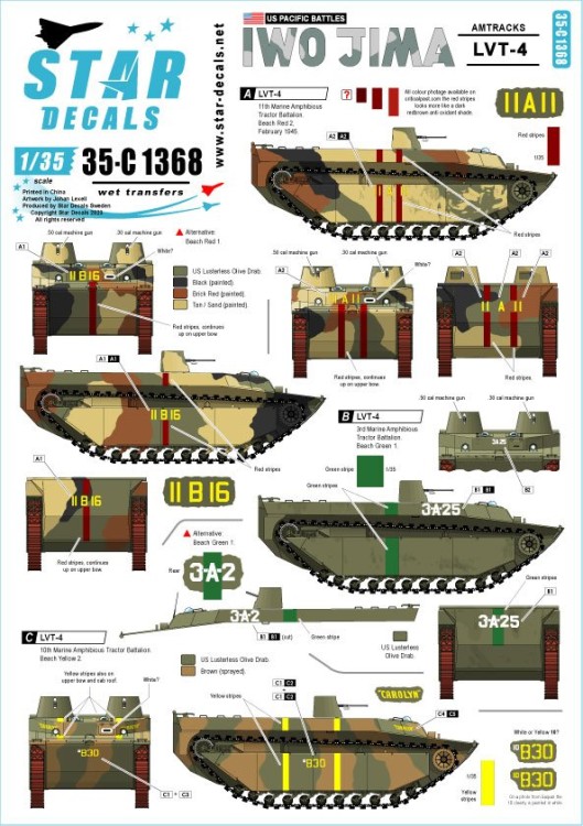 Star Decals 35-C1368 US PACIFIC WARS - IWO JIMAUSMC LVT-4 Amtracks.3rd Marine Amphibious Tractor Battalion, 5th Marine Amphibious Tractor Battalion, 10th Marine Amphibious Tractor Battalion, 11th Marine Amphibious Tractor Battalion in February 1945 1/35