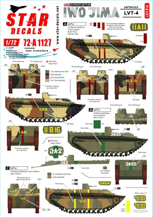 Star Decals 72-A1127 US PACIFIC WARS - IWO JIMAUSMC LVT-4 Amtracks.3rd Marine Amphibious Tractor Battalion, 5th Marine Amphibious Tractor Battalion, 10th Marine Amphibious Tractor Battalion, 11th Marine Amphibious Tractor Battalion in February 1945 1/72