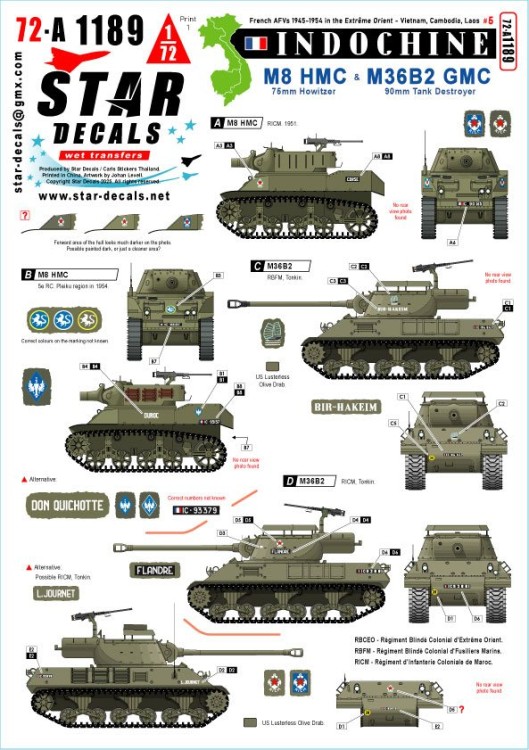 Star Decals 72-A1189 Indochine # 5 French M8 75mm HMC and M36B2 90mm Tank Destroyer 1/72