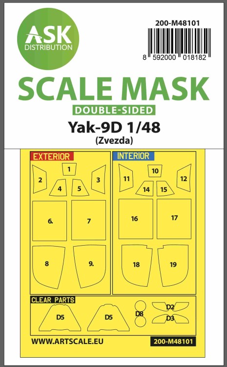 Art Scale 200-M48101 Yakovlev Yak-9D canopy frame paint masks (inside and outside) 1/48