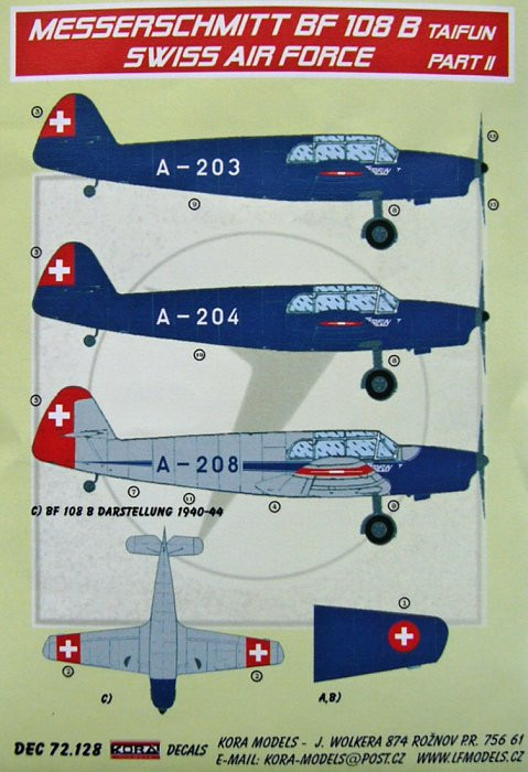 Kora Model DEC72128 Bf 108 B Taifun Part II. (Swiss AF) декали декали 1/72