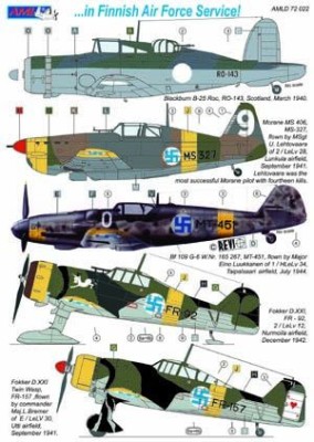 AML AMLD72022 Dec. B.Roc, MS 406, D.XXI, G.50 in Finnish AF 1/72