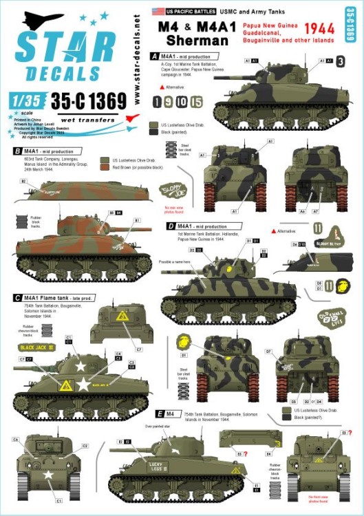 Star Decals 35-C1369 US PACIFIC WARS - 1944M4 and M4A1(mid) Sherman. Papua New Guinea, Guadalcanal, Bougainville and other Islands.USMC and Army tanks.'Sloppy Joe', 'Black Jack III', 'Lucky Legs II', 'Bloody Betty' 1/35