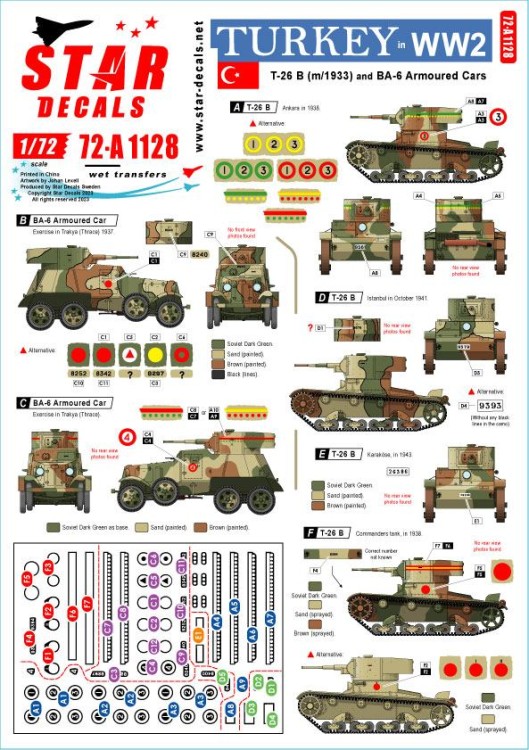Star Decals 72-A1128 Turkey in WW2T-26 B tanks and BA-6 armoured cars.Markings for turkish AFVs in 1930-40s 1/72