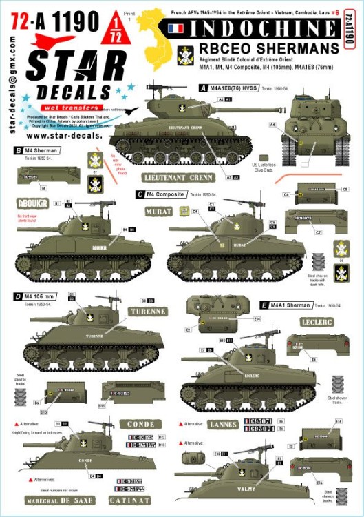 Star Decals 72-A1190 Indochine # 6 R.B.C.E.O Shermans M4, MA1, M4 Composite, M4(105mm), M4A1E8(76mm) Sherman 1/72