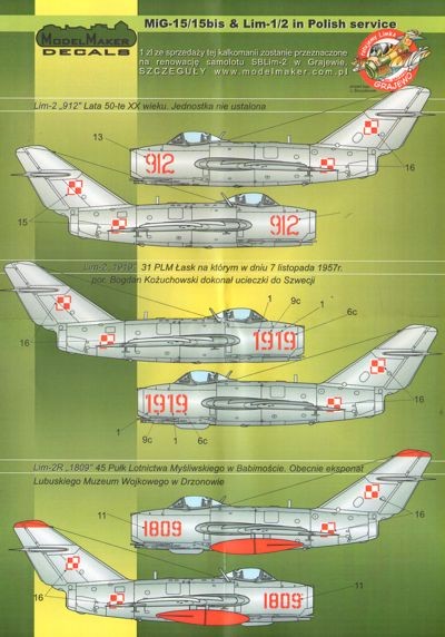 Model Maker Decals D72023 Mikoyan MiG-15/MiG-15bis & Lim-1/2 in Polish service 1/72