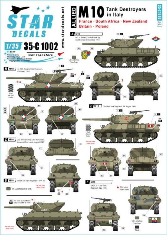 Star Decals 35-C1002 M10 Tank Destroyer in Italy - France, UK, SADF, NZ, Poland 1/35
