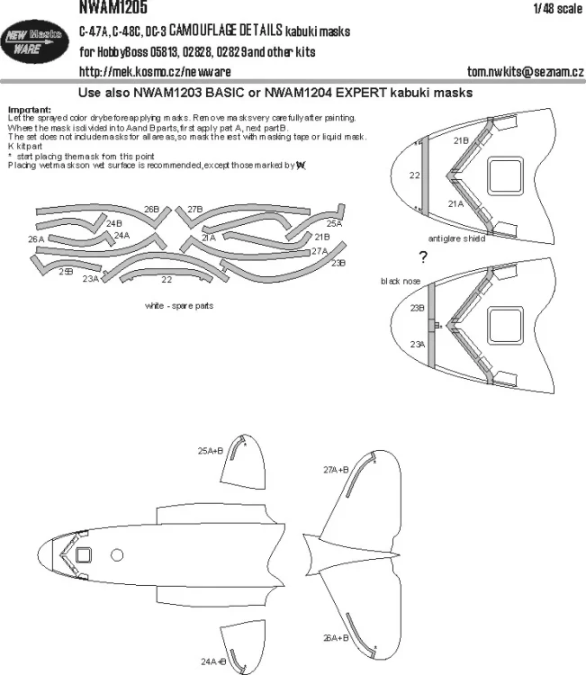 New Ware NWA-M1205 Mask C-47A, C-48C, DC-3 CAMOUFLAGE DETAILS 1/48