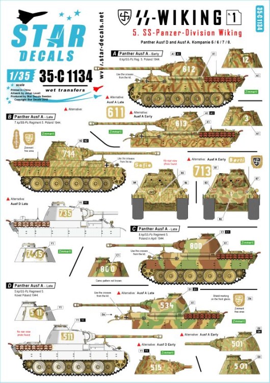 Star Decals 35-C1134 5. SS-Panzer Division Wiking. Panther Pz.Kpfw.V Ausf.D Panther and Ausf.A. Kp. 5 / 6 / 7 / 8.SS-Wiking # 1 1/35