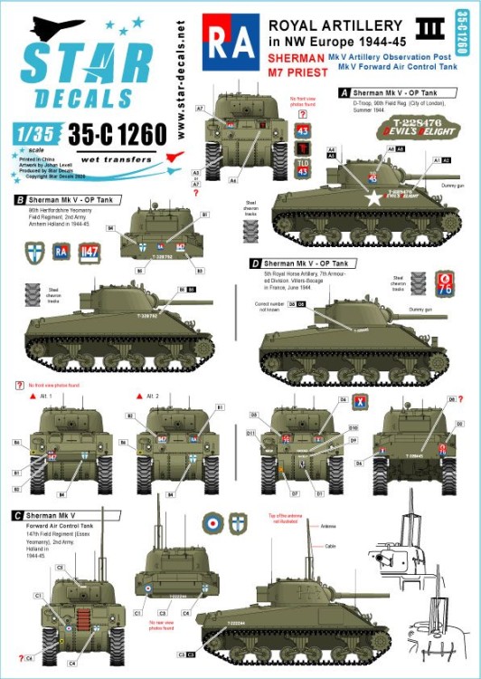 Star Decals 35-C1260 Royal Artillery # 3.British RA in NW Europe 1944-45. Sherman Mk.V OP tanks , and M7 Priest 105mm Howitzer 1/35