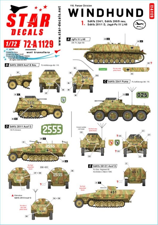 Star Decals 72-A1129 Windhund # 1. 116. Pz Division Windhund. Sd.Kfz.234/1, Sd.Kfz.250/9 neu, Sd.Kfz.251/1 D, Jagd-Pz IV L/48 1/72