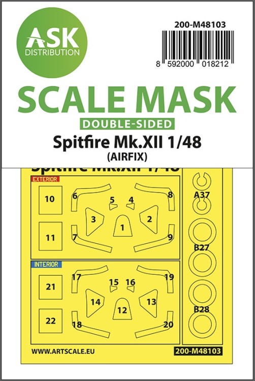 Art Scale 200-M48103 Supermarine Spitfire Mk.XII wheels and canopy frame paint masks (inside and outside) 1/48