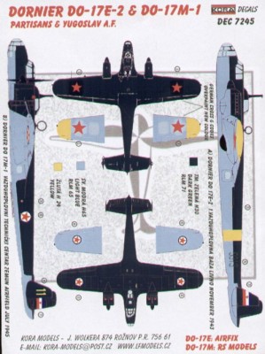 Kora Model DEC7245 Do-17E-2 &amp; Do-17M-1(Partisans/Yugosl.) декали декали 1/72