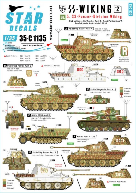Star Decals 35-C1135 5. SS-Pz.Div. Wiking. Stab (HQ) vehicles. Panther Pz.Kpfw.V Ausf.A, Bef-Panther Ausf.D and Ausf.A, Bef-Pz.Kpfw.IV Ausf.H, German Sd.Kfz.251/3.SS-Wiking # 2 1/35